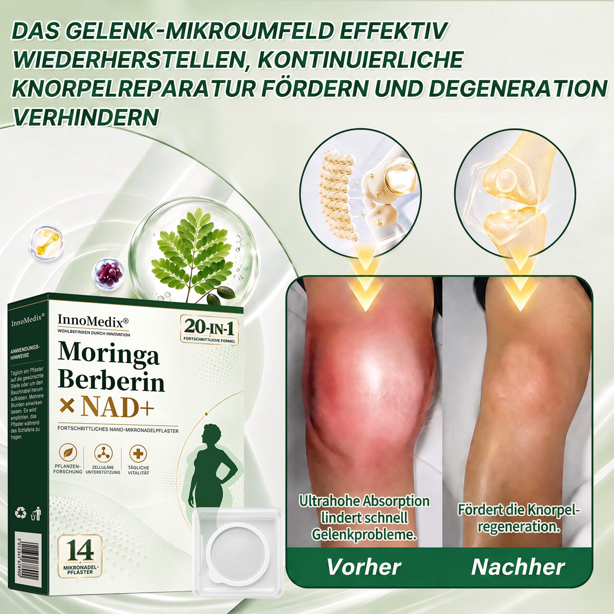 InnoMedix® Moringa Berberin x NAD+ 20-IN-1 Fortgeschrittenes Nano-Mikronadel-Pflaster (Nur einmal täglich anwenden – sichtbare Veränderungen in nur 7 Tagen.)（德国德语）