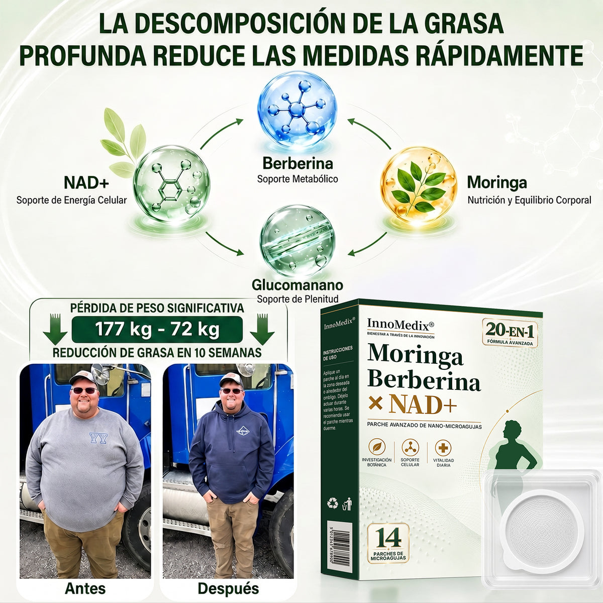 InnoMedix® Moringa Berberina x NAD+ 20-EN-1 Parche Avanzado de Nano-Microagujas (Aplicar solo una vez al día – cambios visibles en tan solo 7 días.)（美国西语）（副本）
