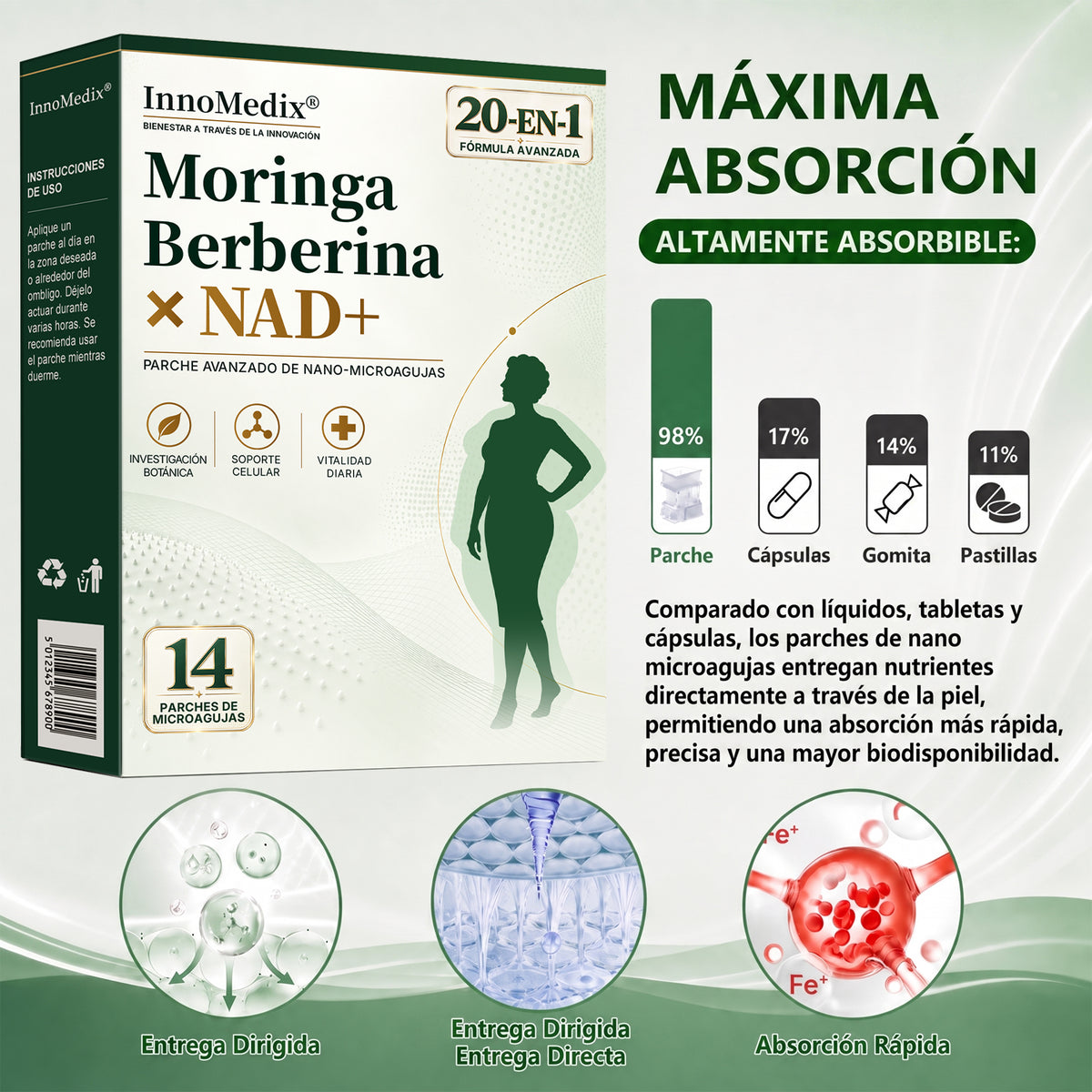 InnoMedix® Moringa Berberina x NAD+ 20-EN-1 Parche Avanzado de Nano-Microagujas (Aplicar solo una vez al día – cambios visibles en tan solo 7 días.)（墨西哥西语）（副本）