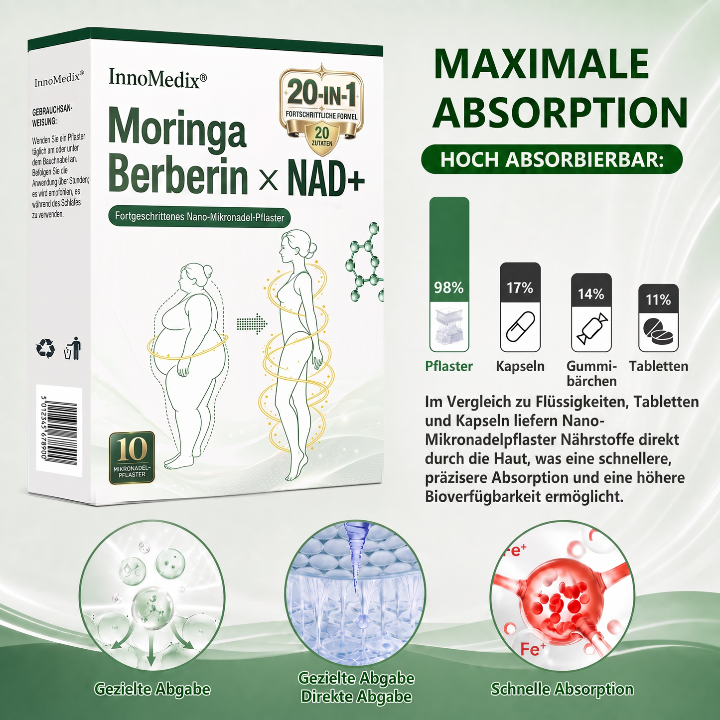 InnoMedix® Moringa Berberin x NAD+ 20-IN-1 Advanced Nano-Mikronadel-Pflaster(德国upsell)