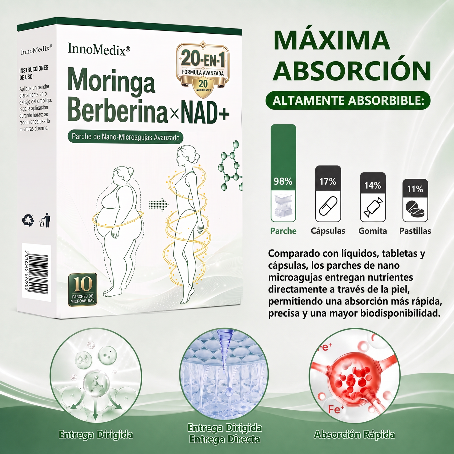 InnoMedix® Moringa Berberina x NAD+ 20-EN-1 Parche Avanzado de Nano-Microagujas (Aplicar solo una vez al día – cambios visibles en tan solo 7 días.)（墨西哥西语）