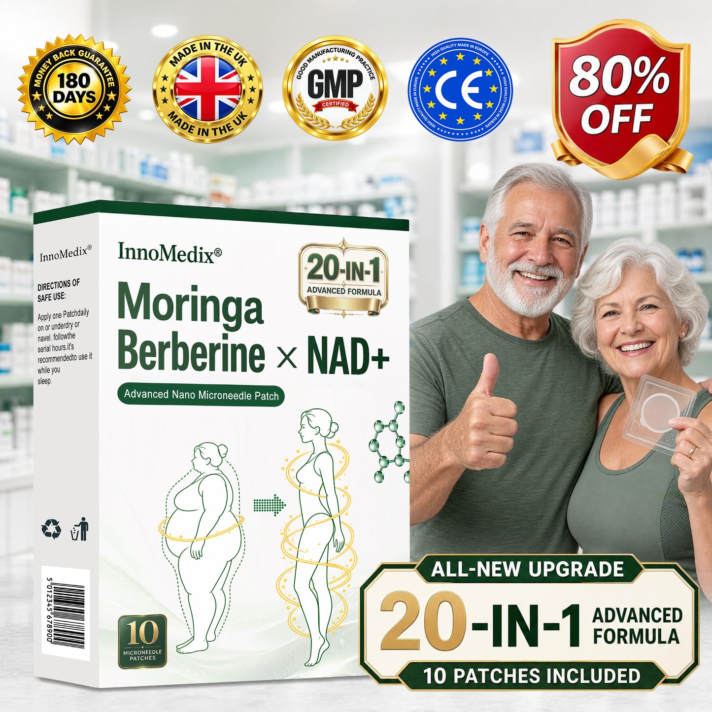InnoMedix® Moringa · Berberine × NAD+ 20-IN-1 Advanced Nano Microneedle Patch