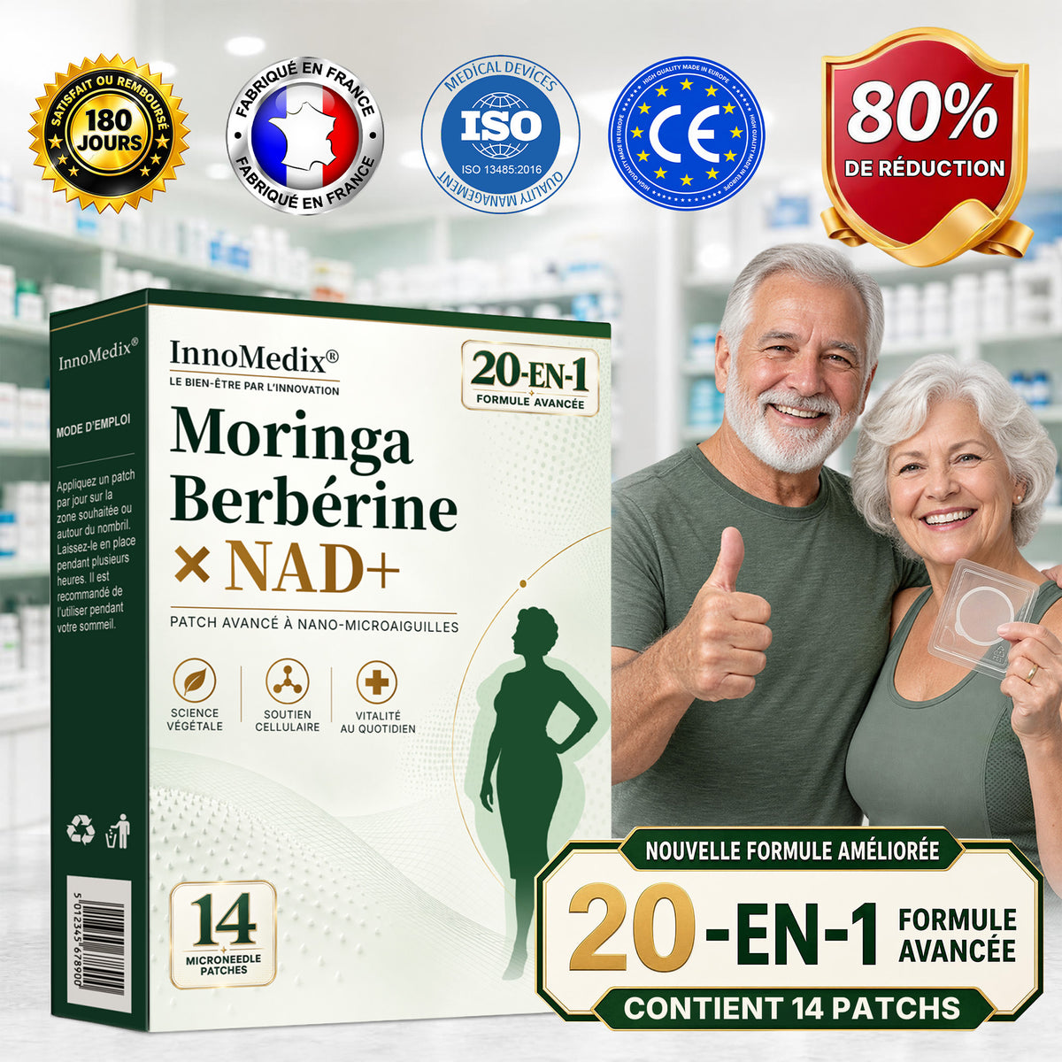 InnoMedix® Moringa Berbérine x NAD+ 20-IN-1 Patch Avancé à Nano-Microaiguilles (À appliquer une seule fois par jour – des changements visibles en seulement 7 jours.)（法国法语）（副本）