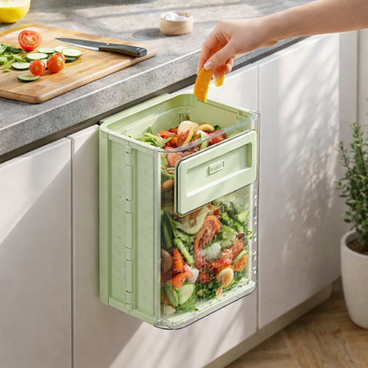 Wall-mounted kitchen trash can, with folding storage function