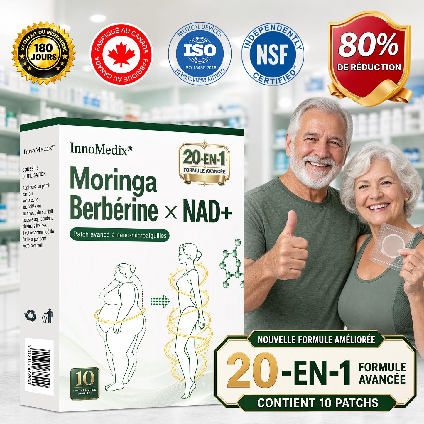 InnoMedix® Moringa Berbérine x NAD+ 20-IN-1 Patch Avancé à Nano-Microaiguilles (加拿大法语upsell）