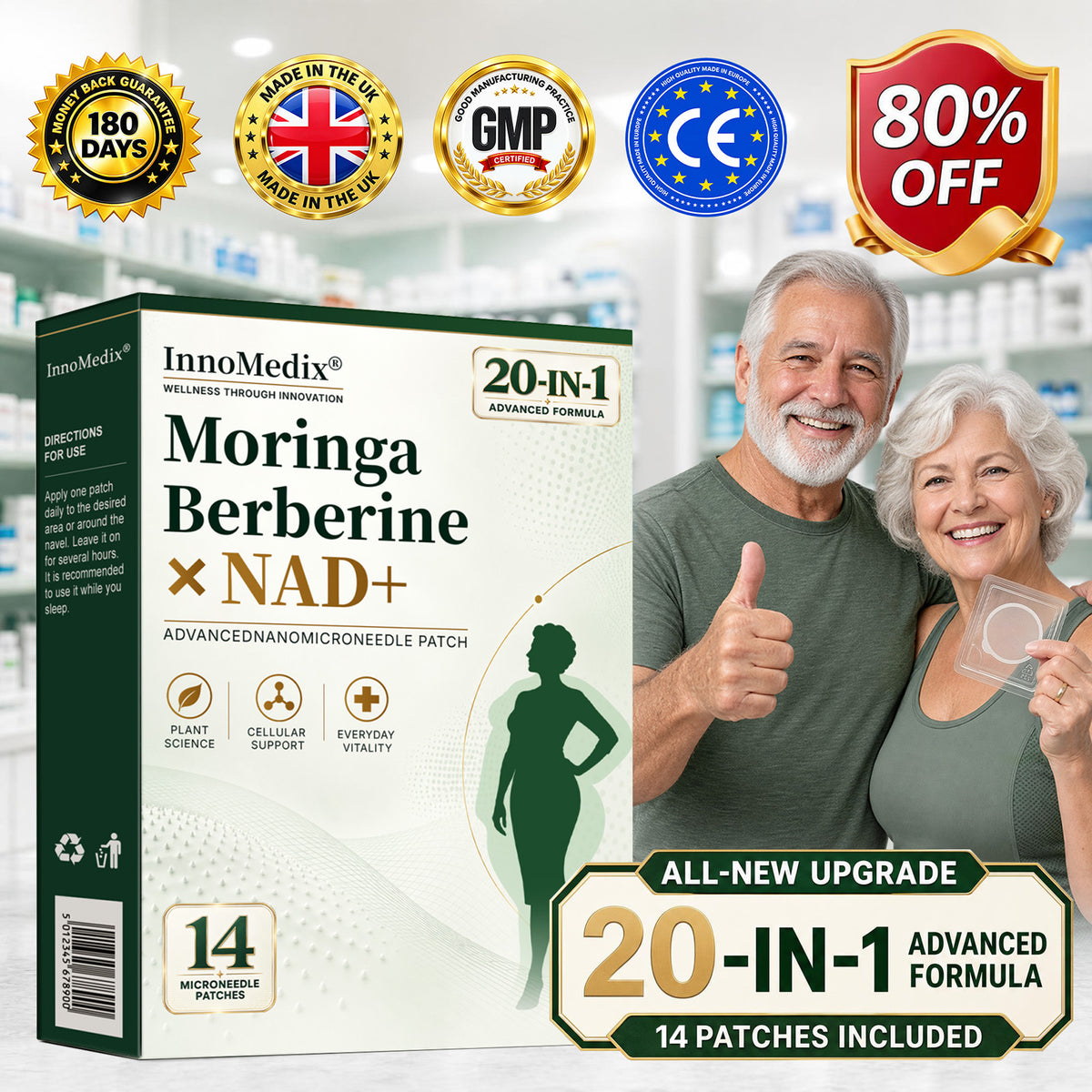 InnoMedix® Moringa · Berberine × NAD+ 20-IN-1 Advanced Nano Microneedle Patch（英国英语）