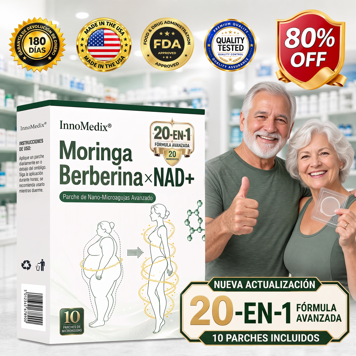 InnoMedix® Moringa Berberina x NAD+ 20-EN-1 Parche Avanzado de Nano-Microagujas (Aplicar solo una vez al día – cambios visibles en tan solo 7 días.)（美国西语）