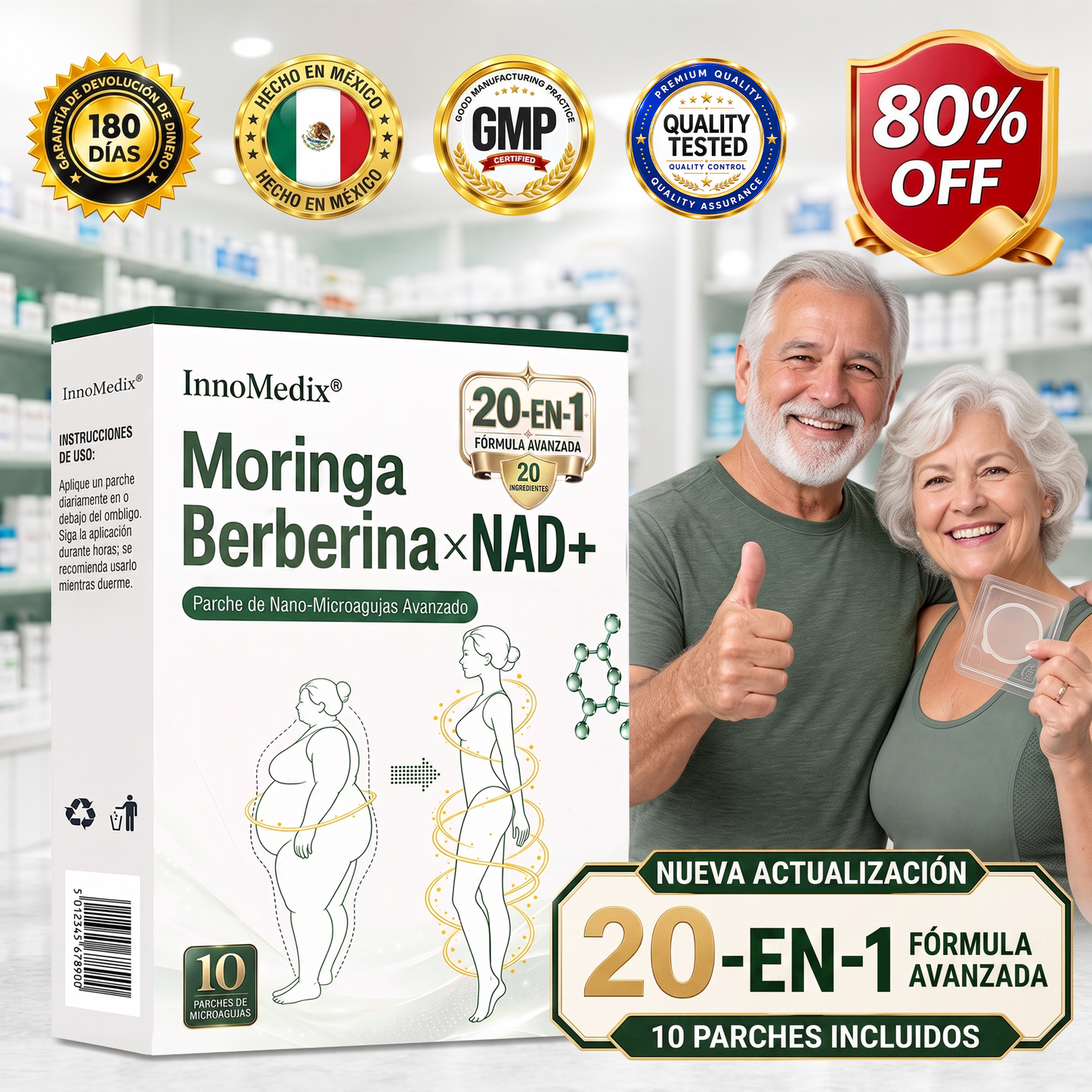 InnoMedix® Moringa Berberina x NAD+ 20-EN-1 Parche Avanzado de Nano-Microagujas (Aplicar solo una vez al día – cambios visibles en tan solo 7 días.)（墨西哥西语）