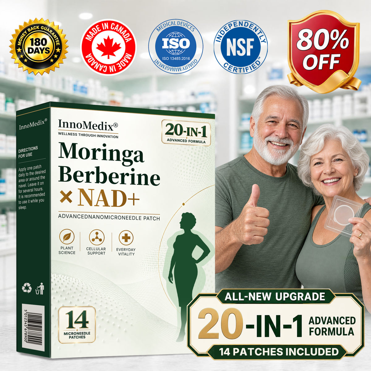 InnoMedix® Moringa Berberine x NAD+ 20-IN-1 Advanced Nano Microneedle Patch( 𝐉𝐮𝐬𝐭 𝐨𝐧𝐜𝐞 𝐚 𝐝𝐚𝐲, 𝐯𝐢𝐬𝐢𝐛𝐥𝐞 𝐜𝐡𝐚𝐧𝐠𝐞𝐬 𝐢𝐧 𝟕 𝐝𝐚𝐲𝐬)（加英）（副本）