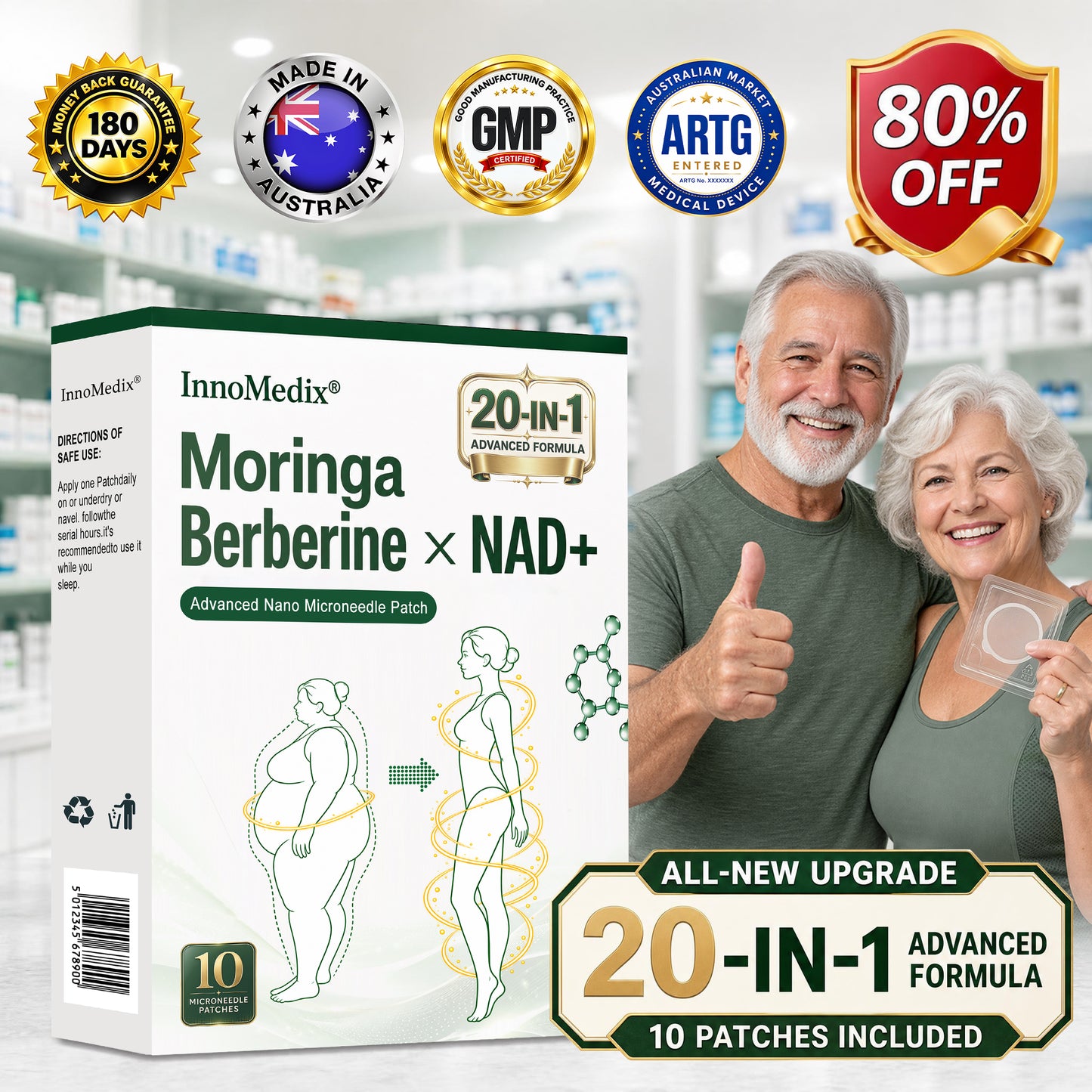 InnoMedix® Moringa Berberine x NAD+ 20-IN-1 Advanced Nano Microneedle Patch(澳英upsell）