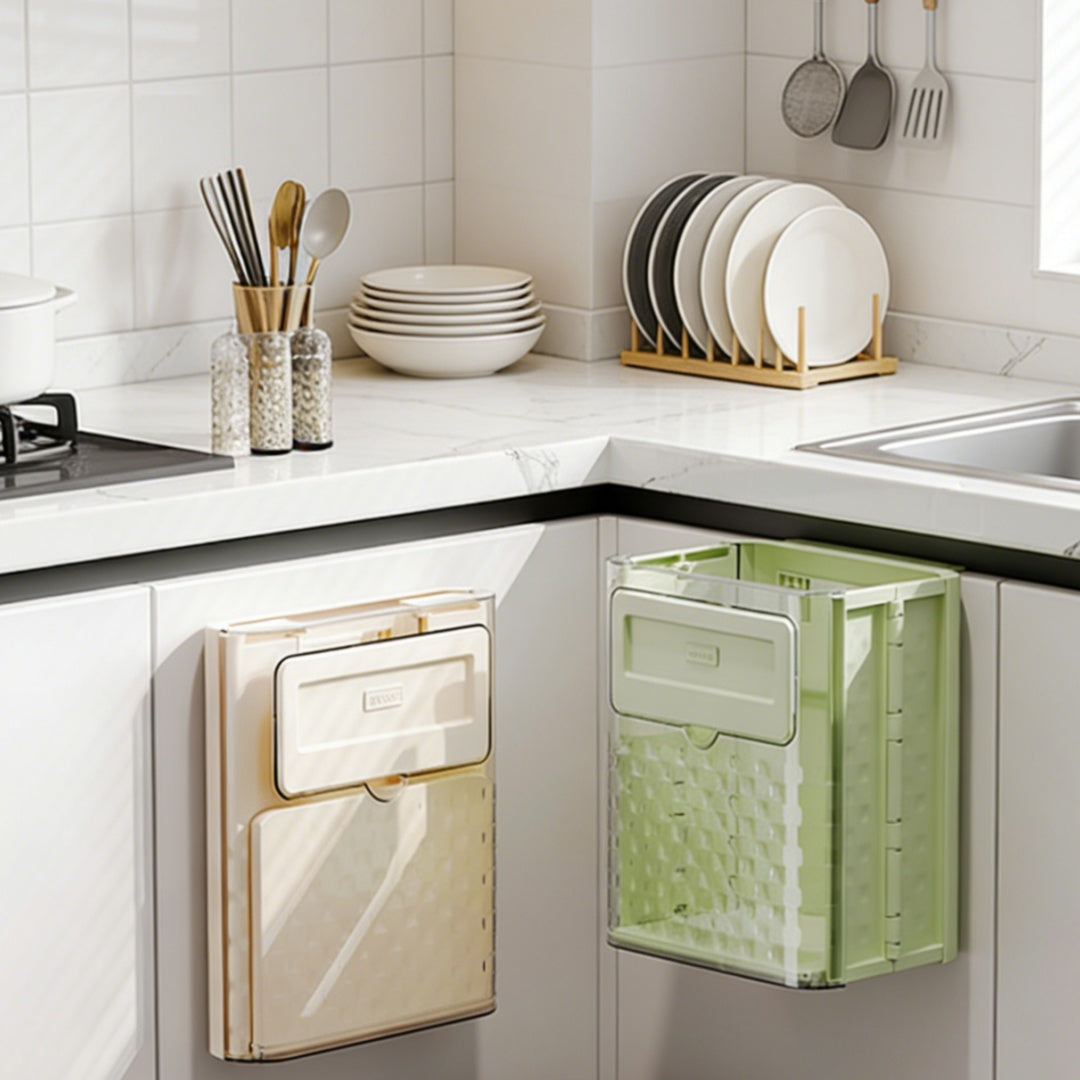 Wall-mounted kitchen trash can, with folding storage function
