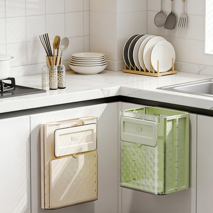 Wall-mounted kitchen trash can, with folding storage function