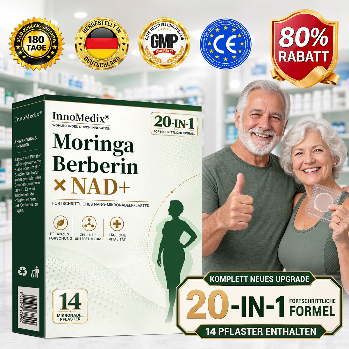 InnoMedix® Moringa Berberin x NAD+ 20-IN-1 Fortgeschrittenes Nano-Mikronadel-Pflaster (Nur einmal täglich anwenden – sichtbare Veränderungen in nur 7 Tagen.)（德国德语）