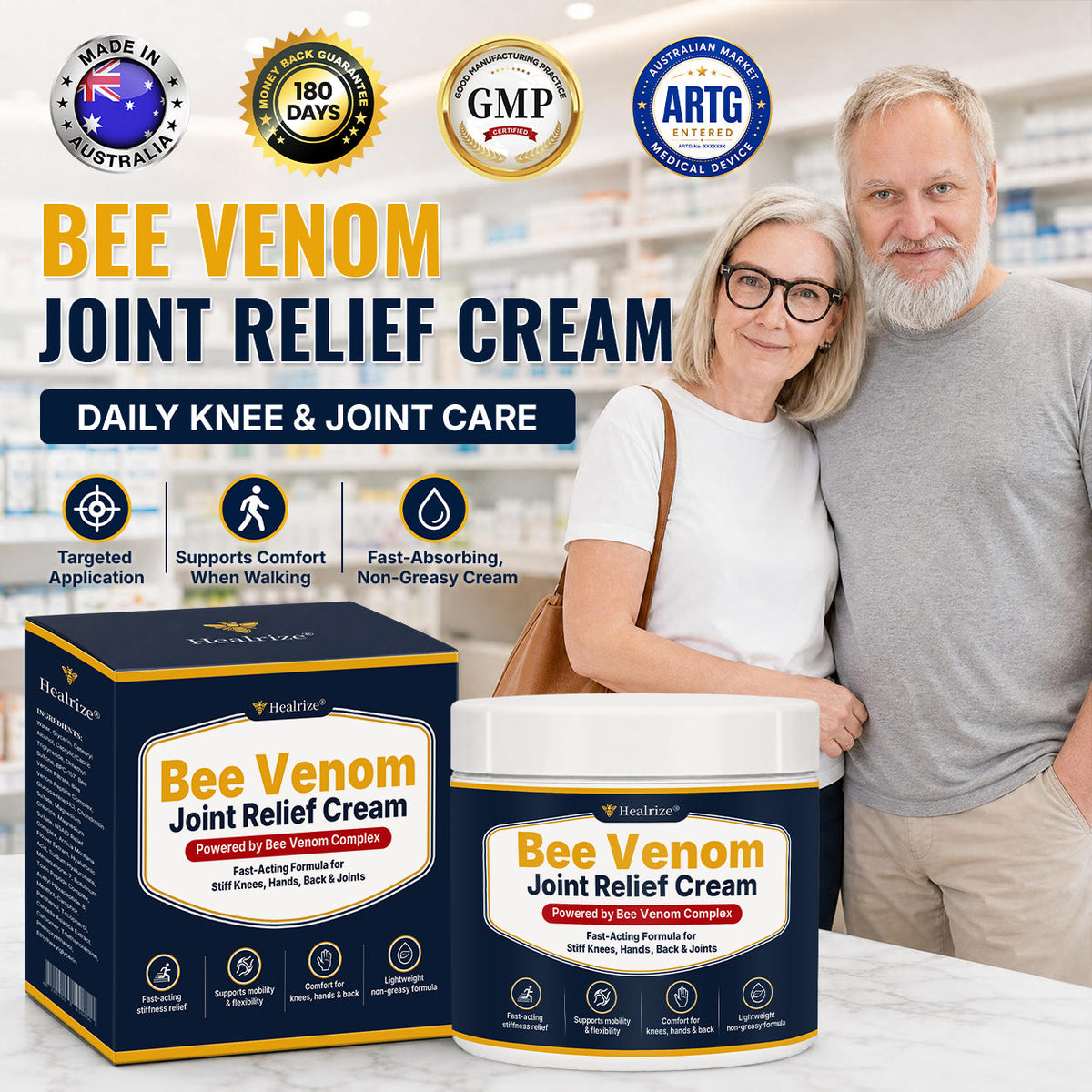 🔥Healrize® Bee Venom Joint Relief Cream – Fast-Absorbing Comfort for Knees, Hands, Back & Shoulders（澳洲英语）
