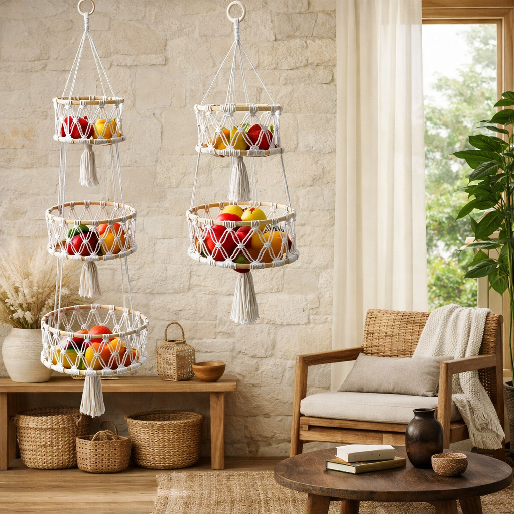 Handmade kitchen woven Multi-layer fruit and vegetable storage basket for hanging shelf