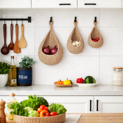 Bohemian style hanging basket, hand-woven storage net, water-drop shaped fruit and vegetable storage container