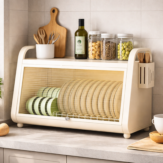 Kitchen dish storage shelf cabinet with a door, including a dish cabinet, a knife rack, a drying rack