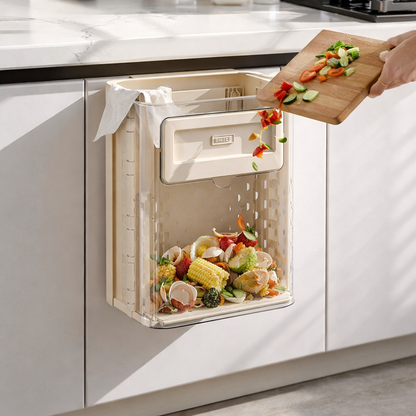 Wall-mounted kitchen trash can, with folding storage function